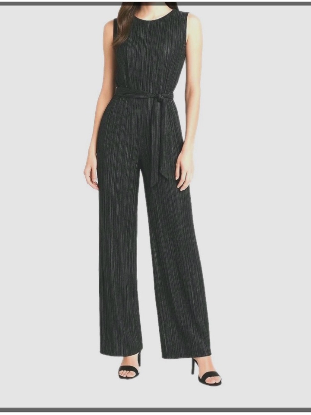 Anne Klein Black Sleeveless Pleated Wide-Leg Jumpsuit with Tie Belt